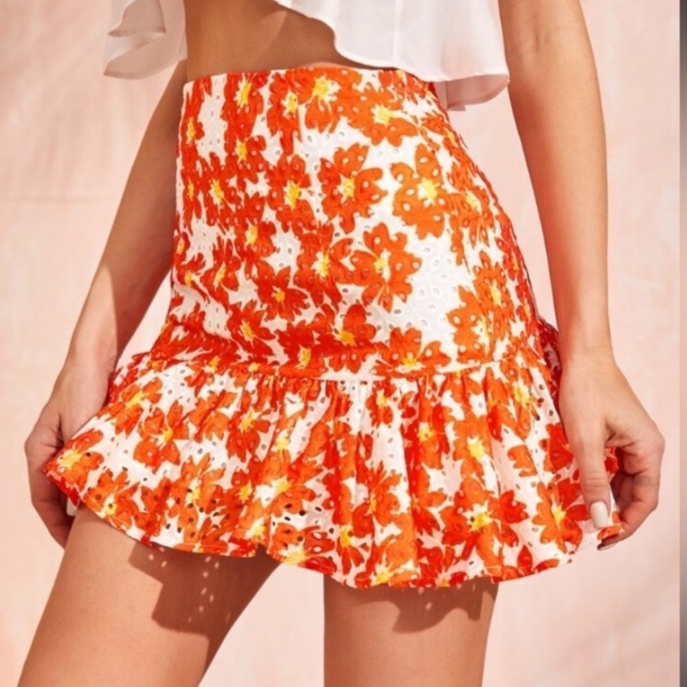 Eyelet Floral Ruffle Mini Skirt